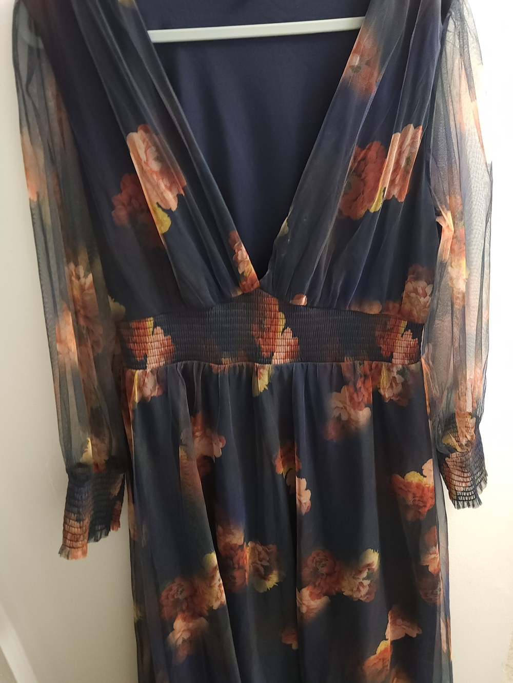 Navy Floral V-Neck Long Sleeve Dress